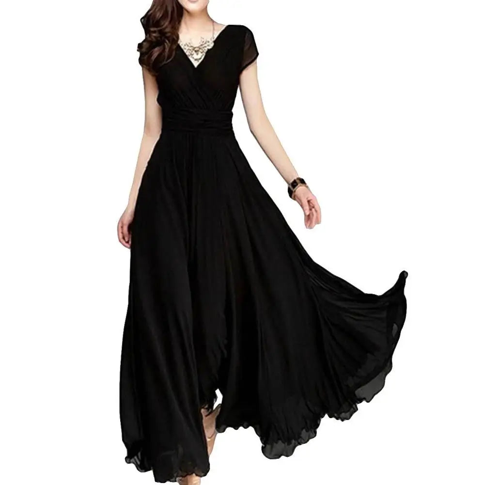 Plus Size Solid Color Elegant Women Dress Wedding Party Gown V Neck Short Sleeve Slims Fit Maxi Dress Sexy Women Dresses Spring