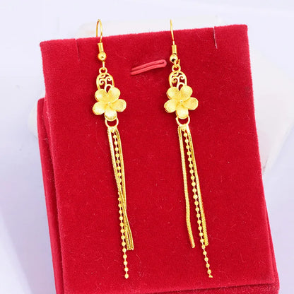 Real 18K Yellow Gold Tassels Flower Drop Earring for Women Romantic Wedding Jewelry Luxury Gift