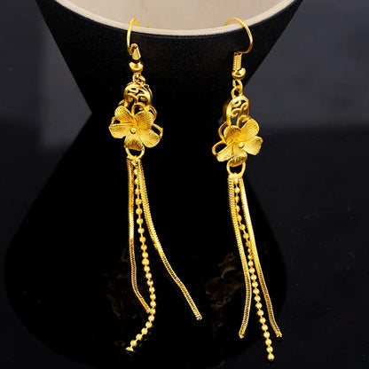 Real 18K Yellow Gold Tassels Flower Drop Earring for Women Romantic Wedding Jewelry Luxury Gift