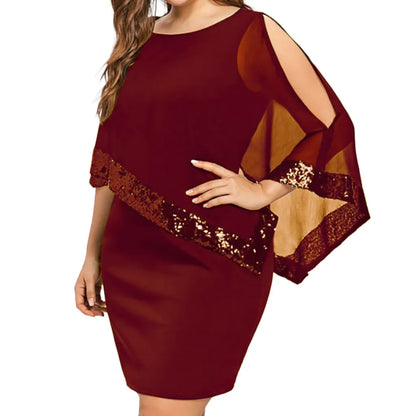 Plus Size Summer Dress Women Sexy Cold Shoulder Overlay Asymmetric Chiffon Strapless Sequins Dresses Evening Party Dress 5XL