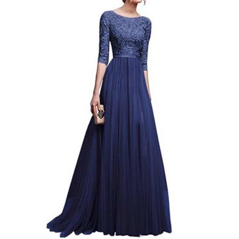 2022 Women Plus  Size 5XL Three Quarter Sleeve Lace  Chiffon Long Evening Party Dress Fit And Maxi Ankle Length Dresses Vestios