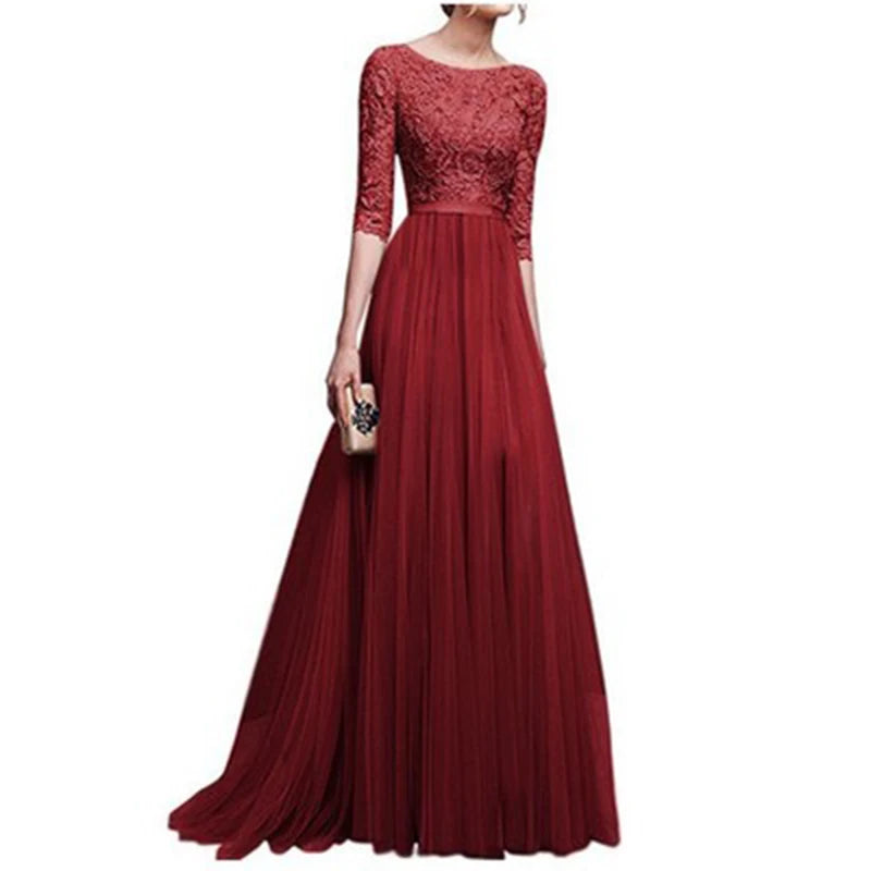 2022 Women Plus  Size 5XL Three Quarter Sleeve Lace  Chiffon Long Evening Party Dress Fit And Maxi Ankle Length Dresses Vestios