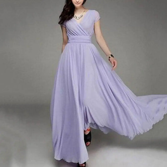 Plus Size Solid Color Elegant Women Dress Wedding Party Gown V Neck Short Sleeve Slims Fit Maxi Dress Sexy Women Dresses Spring