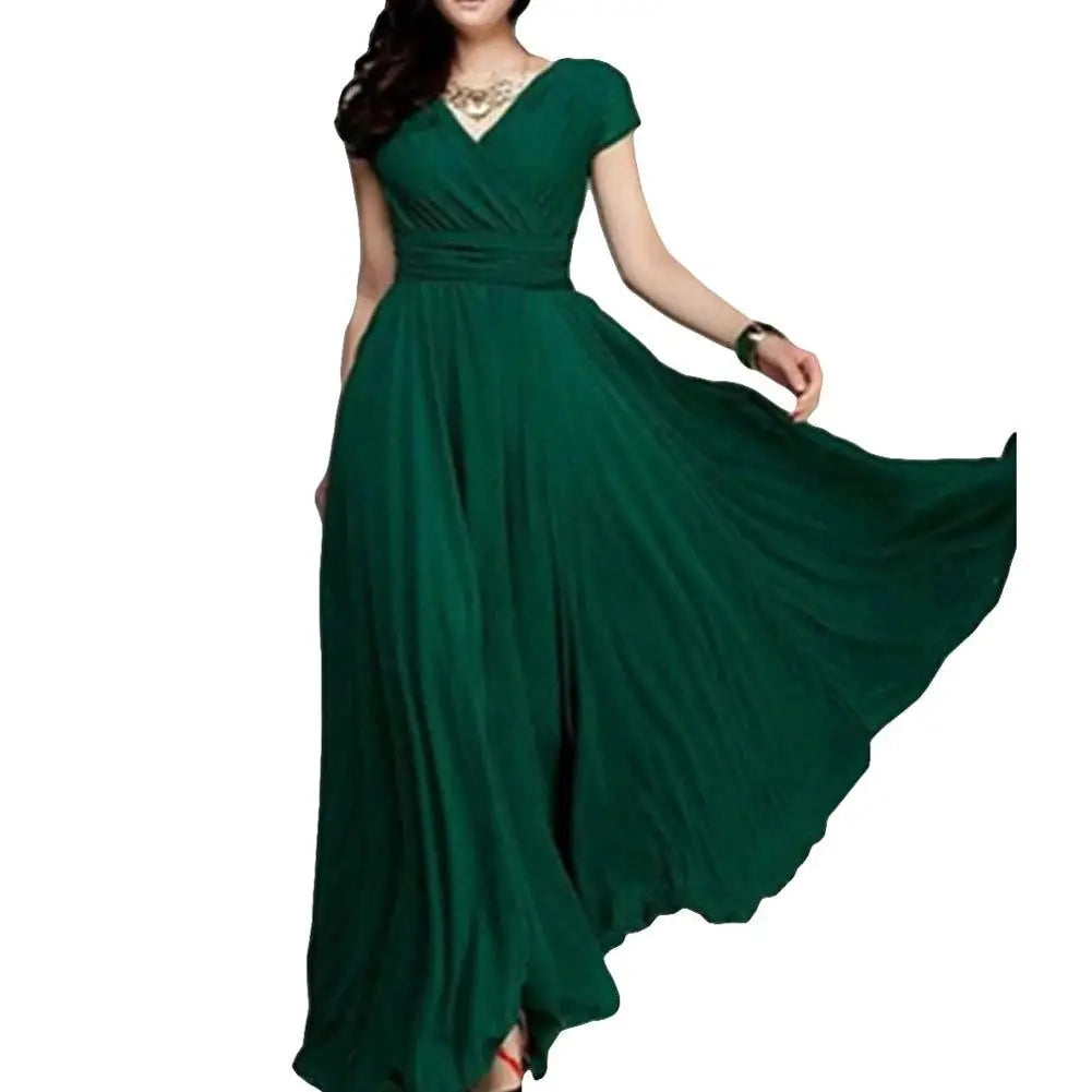Plus Size Solid Color Elegant Women Dress Wedding Party Gown V Neck Short Sleeve Slims Fit Maxi Dress Sexy Women Dresses Spring