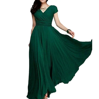 Plus Size Solid Color Elegant Women Dress Wedding Party Gown V Neck Short Sleeve Slims Fit Maxi Dress Sexy Women Dresses Spring