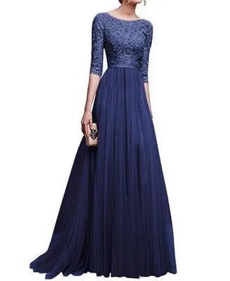 2022 Women Plus  Size 5XL Three Quarter Sleeve Lace  Chiffon Long Evening Party Dress Fit And Maxi Ankle Length Dresses Vestios