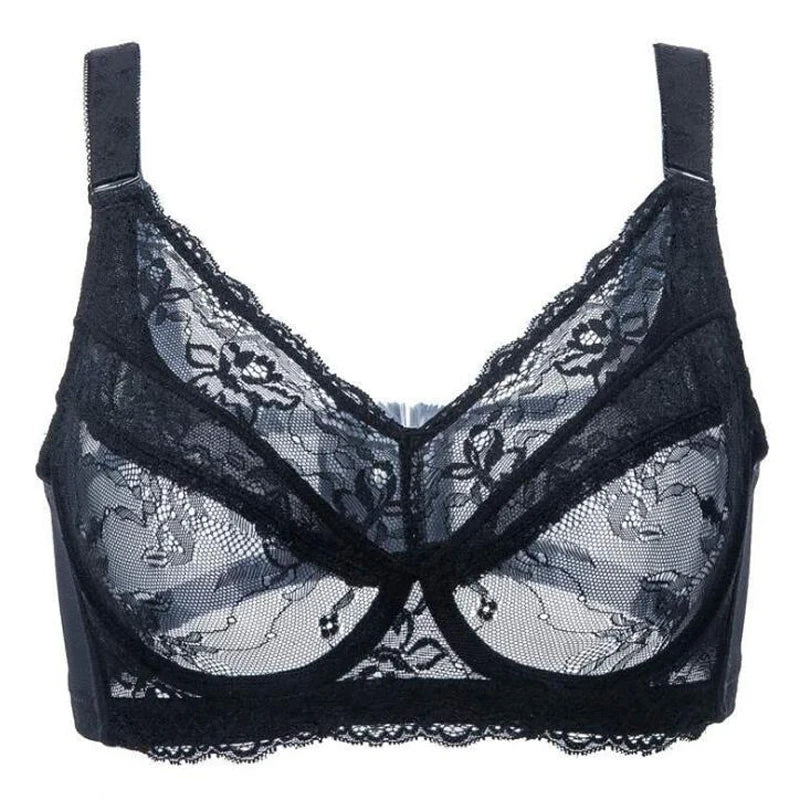 Comfortable Women's Full Coverage Underwire Non Padded Lace Sheer Bra Female Lingerie 34 36 38 40 42 44 46 48 B C D E F G H