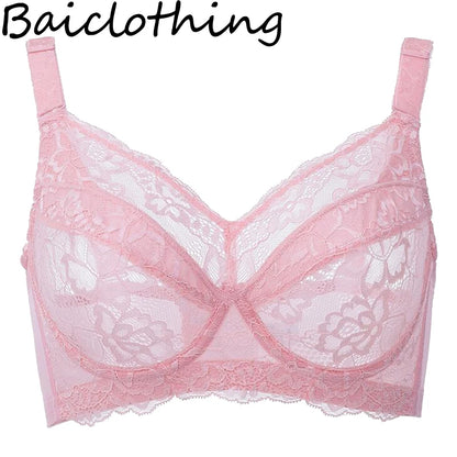 Comfortable Women's Full Coverage Underwire Non Padded Lace Sheer Bra Female Lingerie 34 36 38 40 42 44 46 48 B C D E F G H