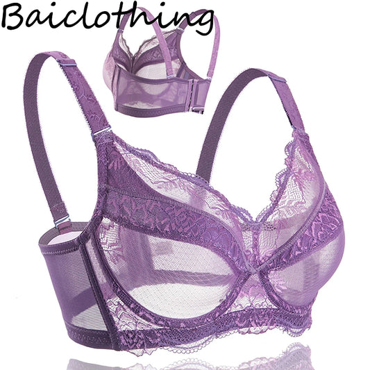 Comfortable Women's Full Coverage Underwire Non Padded Lace Sheer Bra Female Lingerie 34 36 38 40 42 44 46 48 B C D E F G H