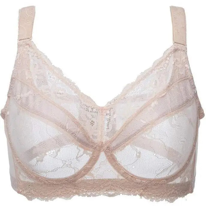Comfortable Women's Full Coverage Underwire Non Padded Lace Sheer Bra Female Lingerie 34 36 38 40 42 44 46 48 B C D E F G H