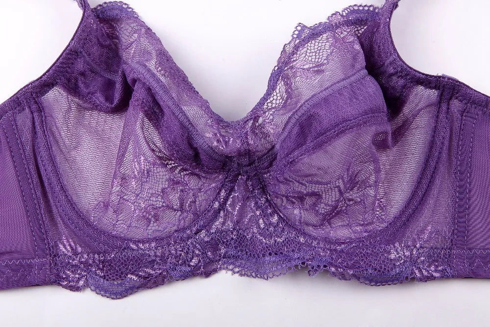 Comfortable Women's Full Coverage Underwire Non Padded Lace Sheer Bra Female Lingerie 34 36 38 40 42 44 46 48 B C D E F G H