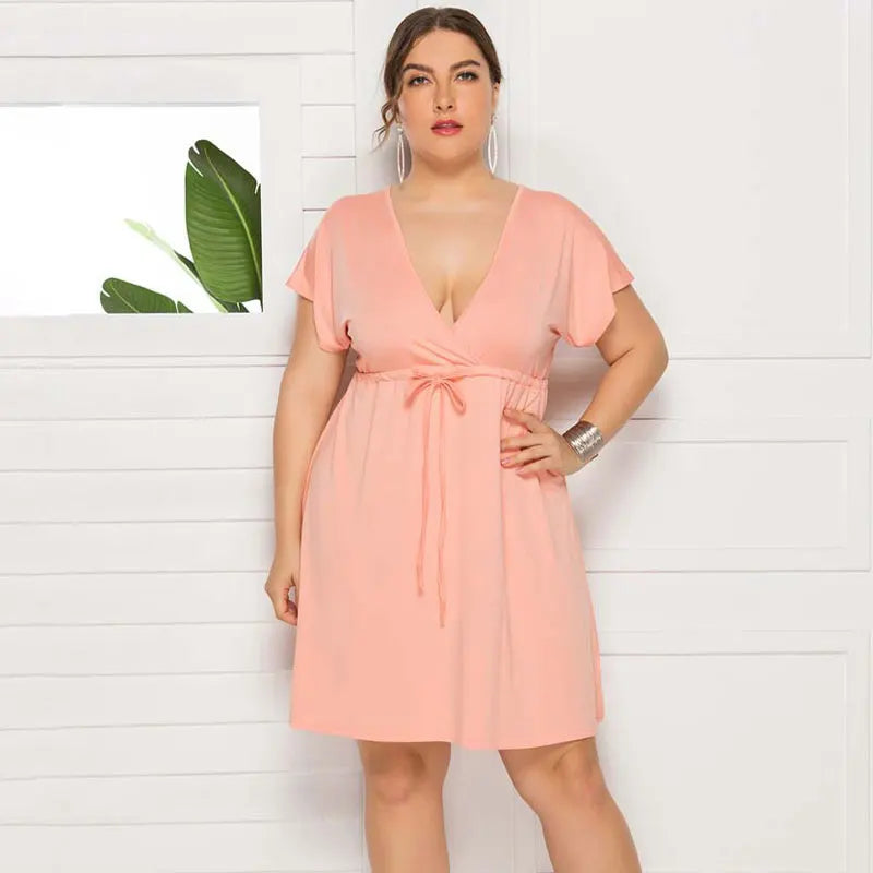 PLUS SIZE V Neck Short Sleeve Mini Dress Women Sundress Sexy Elastic Waist Frenulum Dresses Casual Loose Pullover Clothing