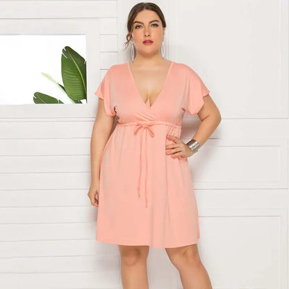 PLUS SIZE V Neck Short Sleeve Mini Dress Women Sundress Sexy Elastic Waist Frenulum Dresses Casual Loose Pullover Clothing
