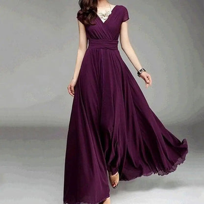Plus Size Solid Color Elegant Women Dress Wedding Party Gown V Neck Short Sleeve Slims Fit Maxi Dress Sexy Women Dresses Spring