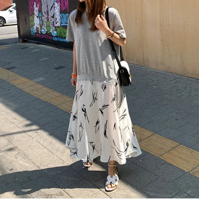 Plus Size XL- 5XL Female Vestidos 2025 Summer Casual Women Patchwork Dress Print Beach Style Ladies Dress Fake Two Piece Robe
