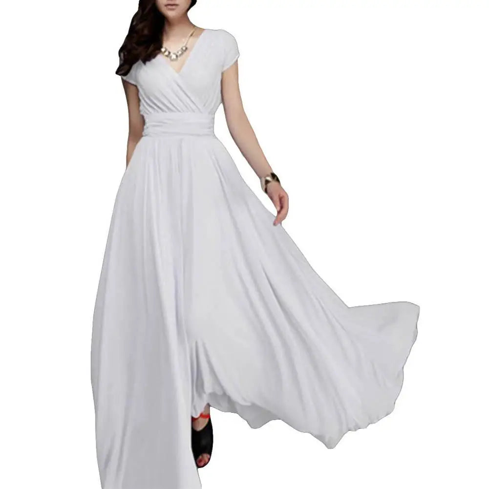 Plus Size Solid Color Elegant Women Dress Wedding Party Gown V Neck Short Sleeve Slims Fit Maxi Dress Sexy Women Dresses Spring