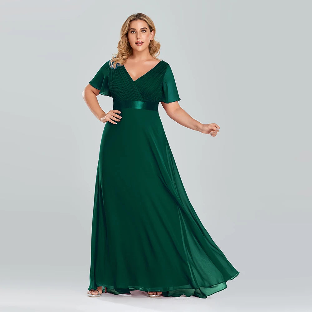 Plus Size Evening Dresses Long XUCTHHC Elegant A Line V Neck Ruffles Chiffon Formal Wedding Party Dress Robe De Soiree 2021
