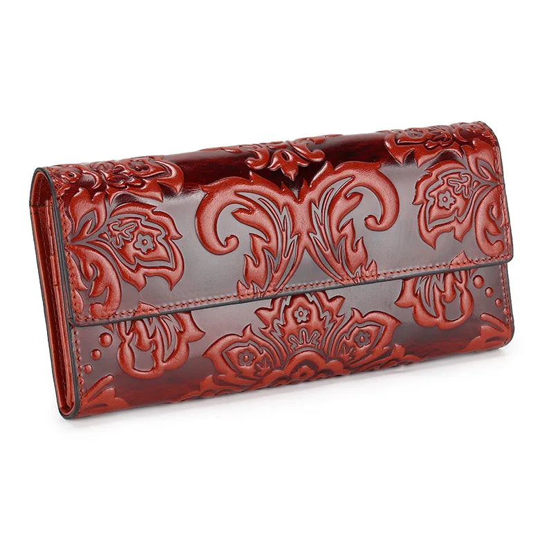 Genuine Leather Purse Women Large Real Leather Clutch Long Women's Cow Leather Purses Floral Ladies Wallets