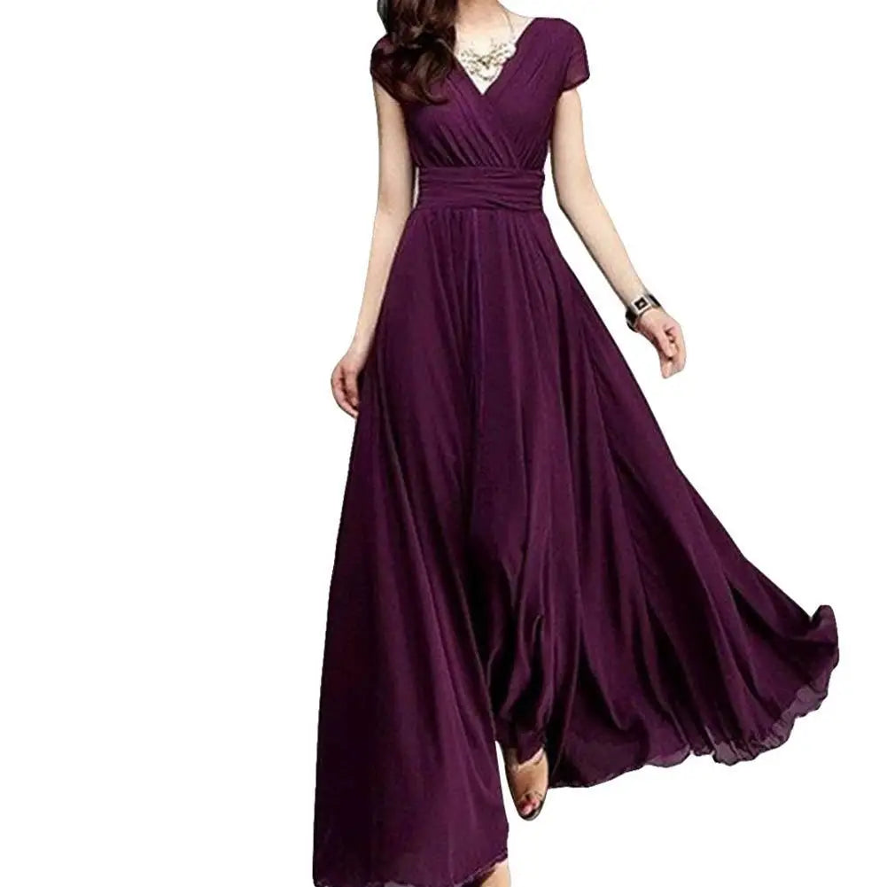 Plus Size Solid Color Elegant Women Dress Wedding Party Gown V Neck Short Sleeve Slims Fit Maxi Dress Sexy Women Dresses Spring
