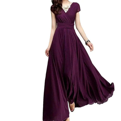 Plus Size Solid Color Elegant Women Dress Wedding Party Gown V Neck Short Sleeve Slims Fit Maxi Dress Sexy Women Dresses Spring