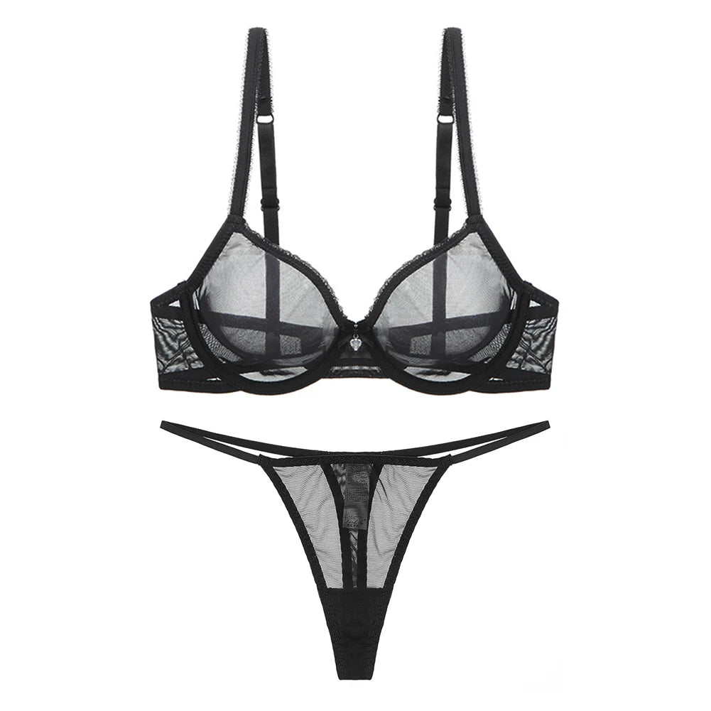 Varsbaby Ladies underwear summer thin mesh bra set transparent gather breathable sexy thong plus size bra set
