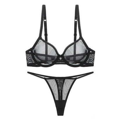 Varsbaby Ladies underwear summer thin mesh bra set transparent gather breathable sexy thong plus size bra set