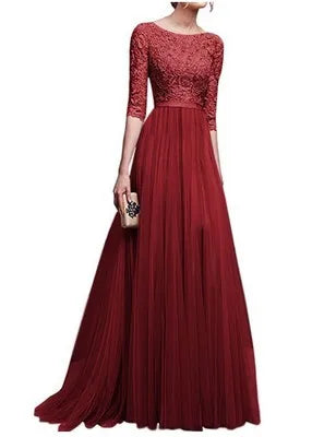 2022 Women Plus  Size 5XL Three Quarter Sleeve Lace  Chiffon Long Evening Party Dress Fit And Maxi Ankle Length Dresses Vestios
