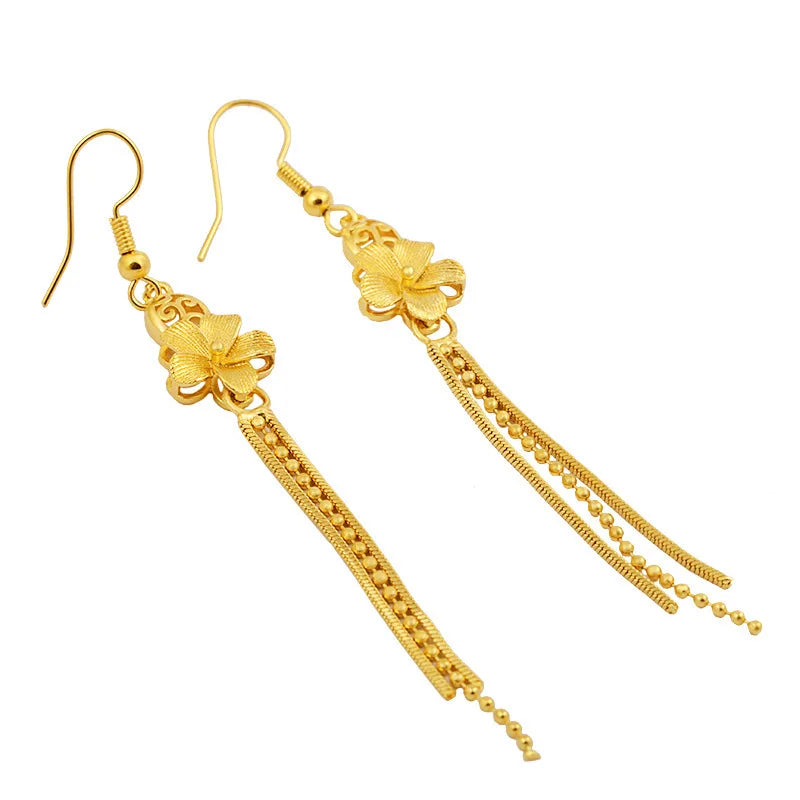 Real 18K Yellow Gold Tassels Flower Drop Earring for Women Romantic Wedding Jewelry Luxury Gift
