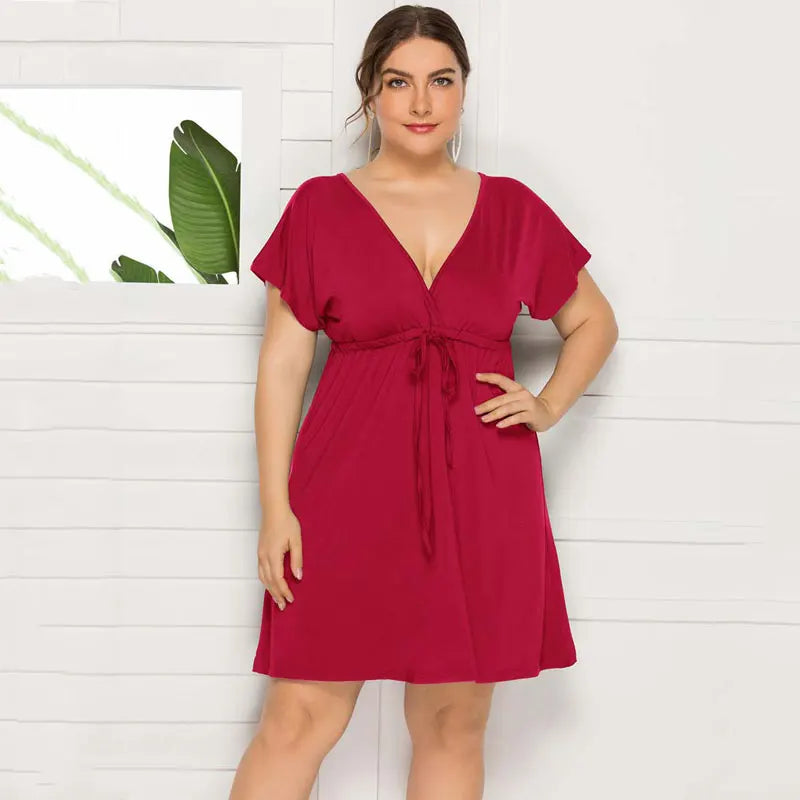 PLUS SIZE V Neck Short Sleeve Mini Dress Women Sundress Sexy Elastic Waist Frenulum Dresses Casual Loose Pullover Clothing