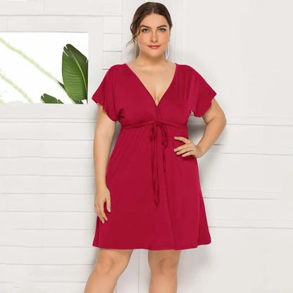 PLUS SIZE V Neck Short Sleeve Mini Dress Women Sundress Sexy Elastic Waist Frenulum Dresses Casual Loose Pullover Clothing