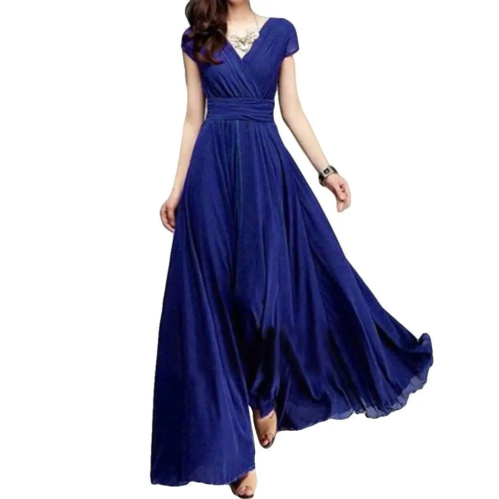 Plus Size Solid Color Elegant Women Dress Wedding Party Gown V Neck Short Sleeve Slims Fit Maxi Dress Sexy Women Dresses Spring