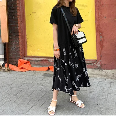 Plus Size XL- 5XL Female Vestidos 2025 Summer Casual Women Patchwork Dress Print Beach Style Ladies Dress Fake Two Piece Robe