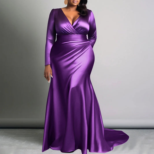 Plus Size Elegant Women Dress Solid V-Neck Long Sleeve High Waist Luxury Evening Gown Party Wedding Guest Fishtail Long Dresses