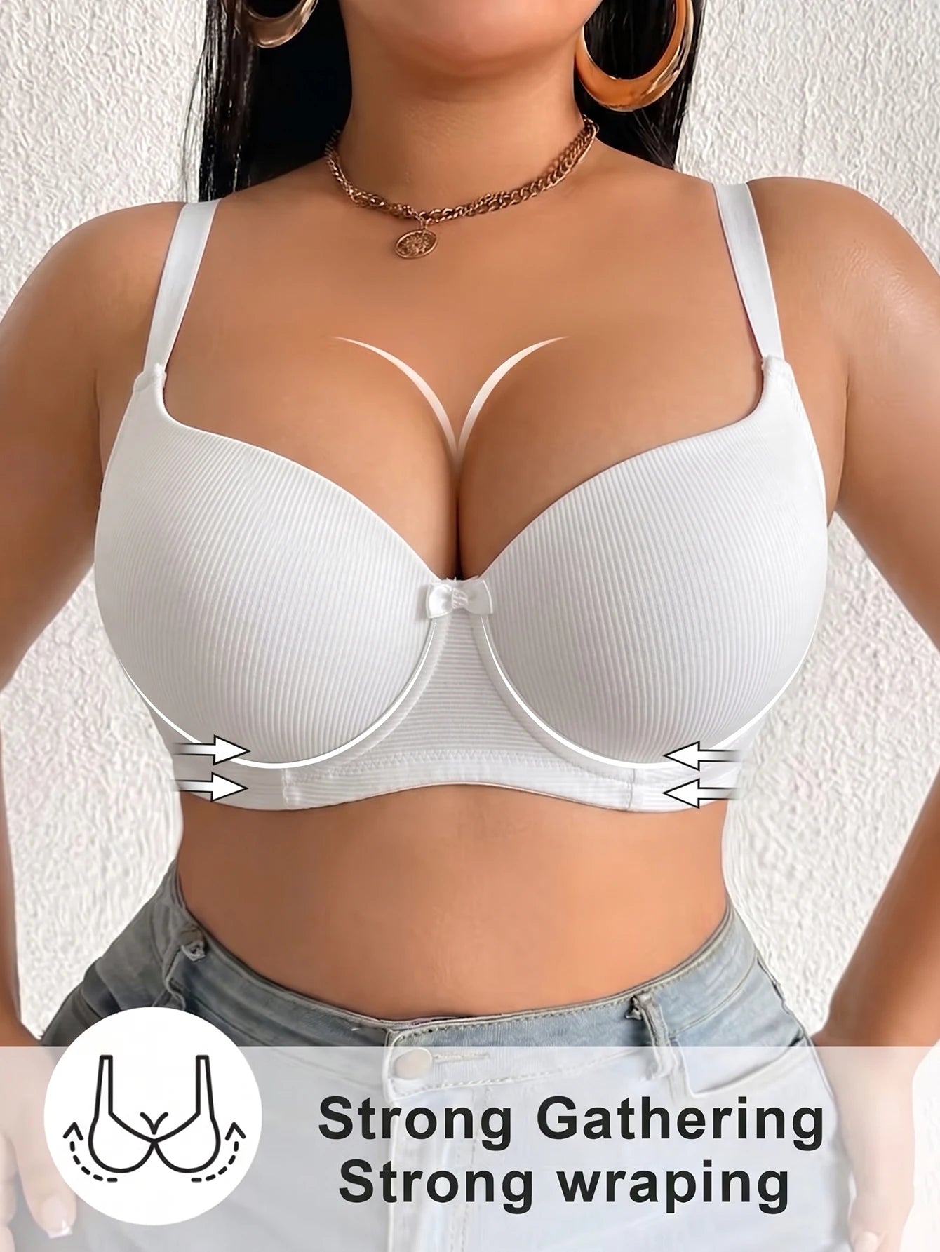 Plus Size Women Bra Thin Cup Underwire Side Gathering Push Up Bra Solid Ribbed Anti-Sagging Comfortable & Breathable Lingerie
