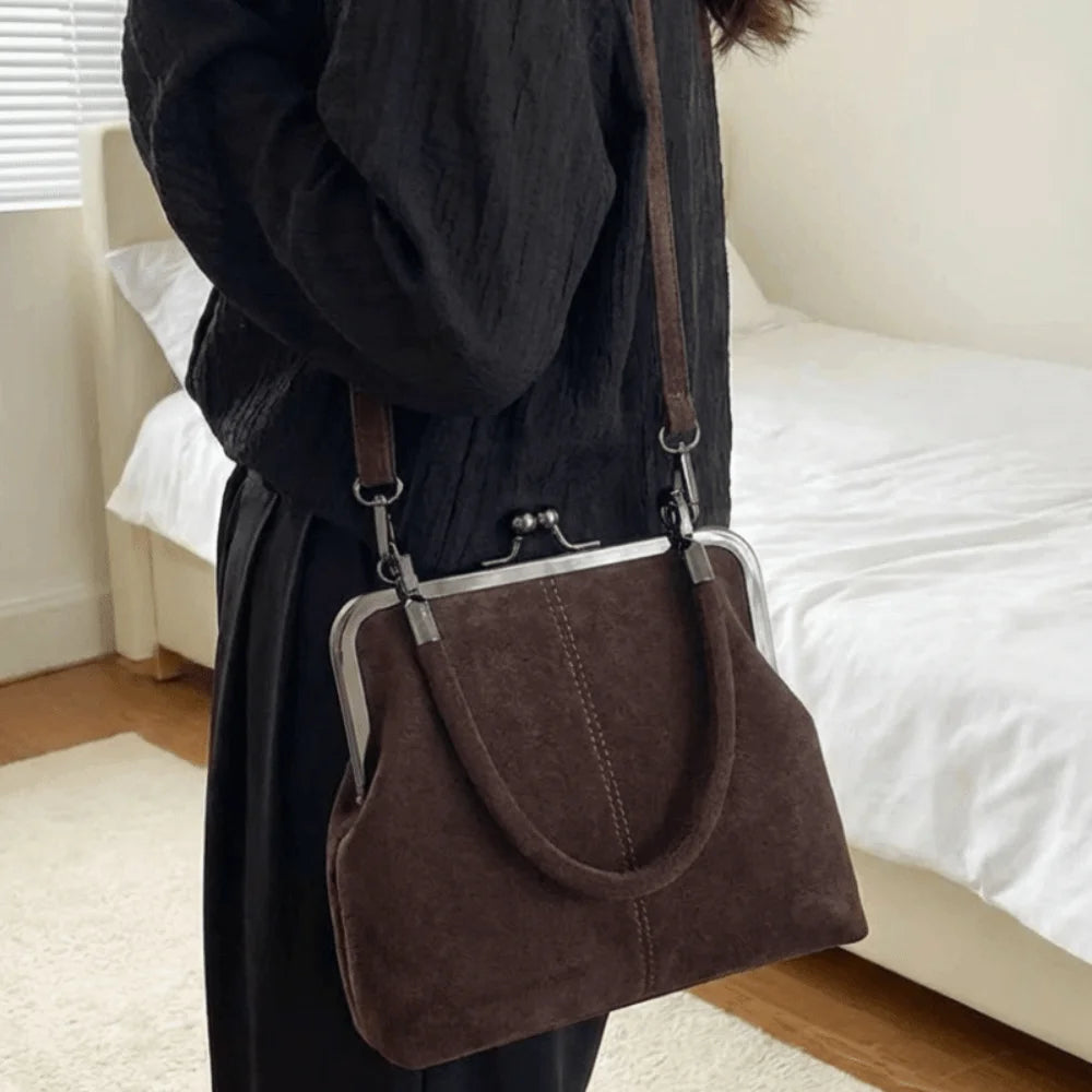Large Capacity Retro Frosted Handbag Kiss Lock Short Handle Leather Crossbody Bag PU Clip Closure Clutch Shoulder Bag