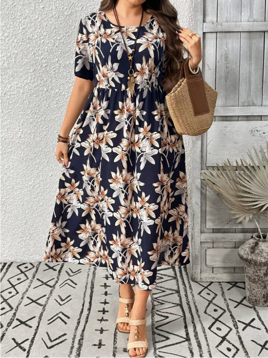 Plus Size Navy Floral Midi Dress, Round Neck Waist Pleated Loose A Line Long Dress for Curvy Women, Vintage Tropical Print Summe