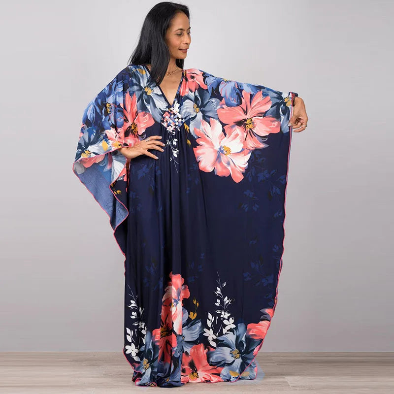 Plus Size Dresses Womens Caftan Floral Print Kaftan Dress Short Sleeve Swimsuit Cover up Loungewear for Summer