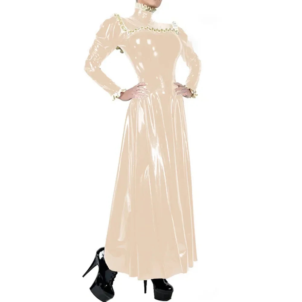 Plus Size Ladies Elegant Long Dress High Neck Ruched Trims Long Sleeved Vestidos Bodycon Back Zip Wetlook PVC Leather Ball Gowns