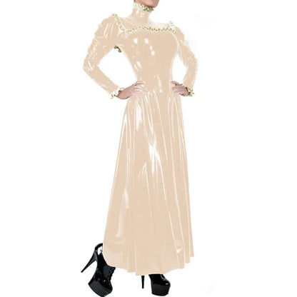 Plus Size Ladies Elegant Long Dress High Neck Ruched Trims Long Sleeved Vestidos Bodycon Back Zip Wetlook PVC Leather Ball Gowns