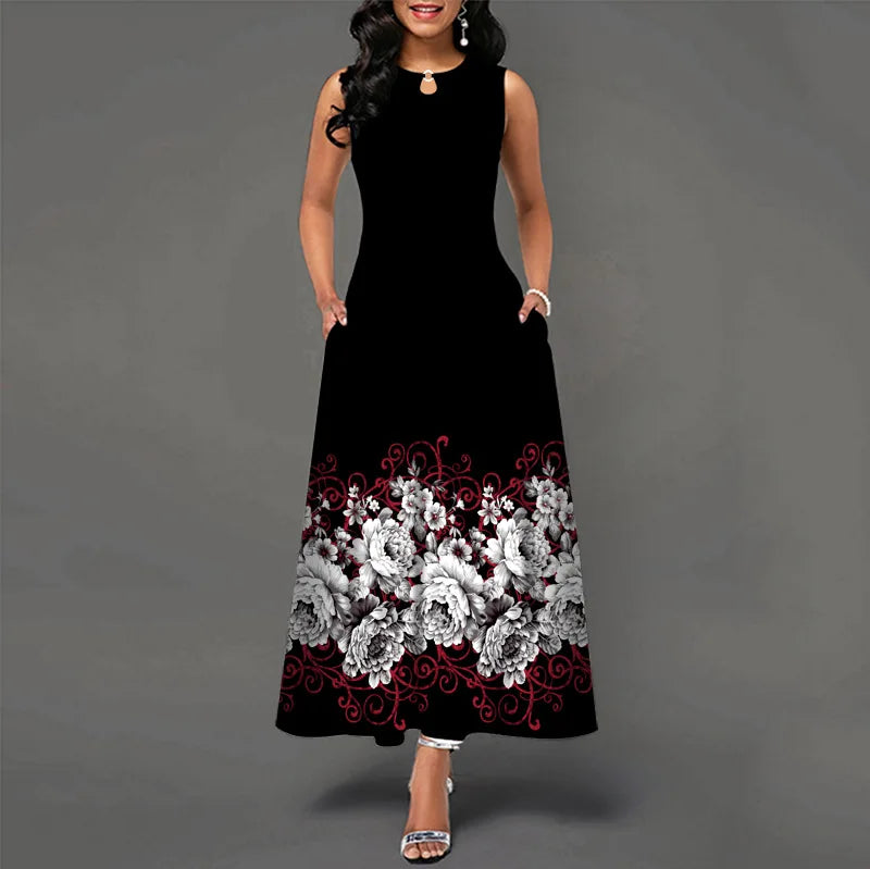 Women Plus Size Casual Retro Long Dress with Pockets Floral Print Swing Dress