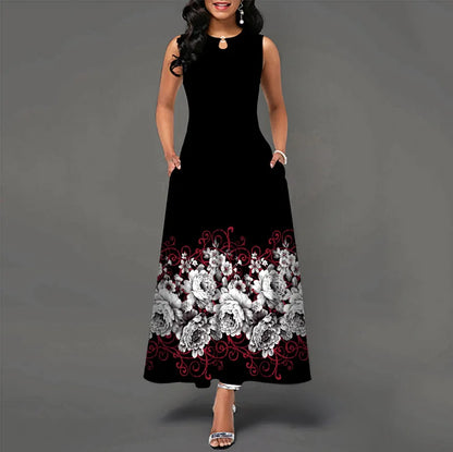 Women Plus Size Casual Retro Long Dress with Pockets Floral Print Swing Dress