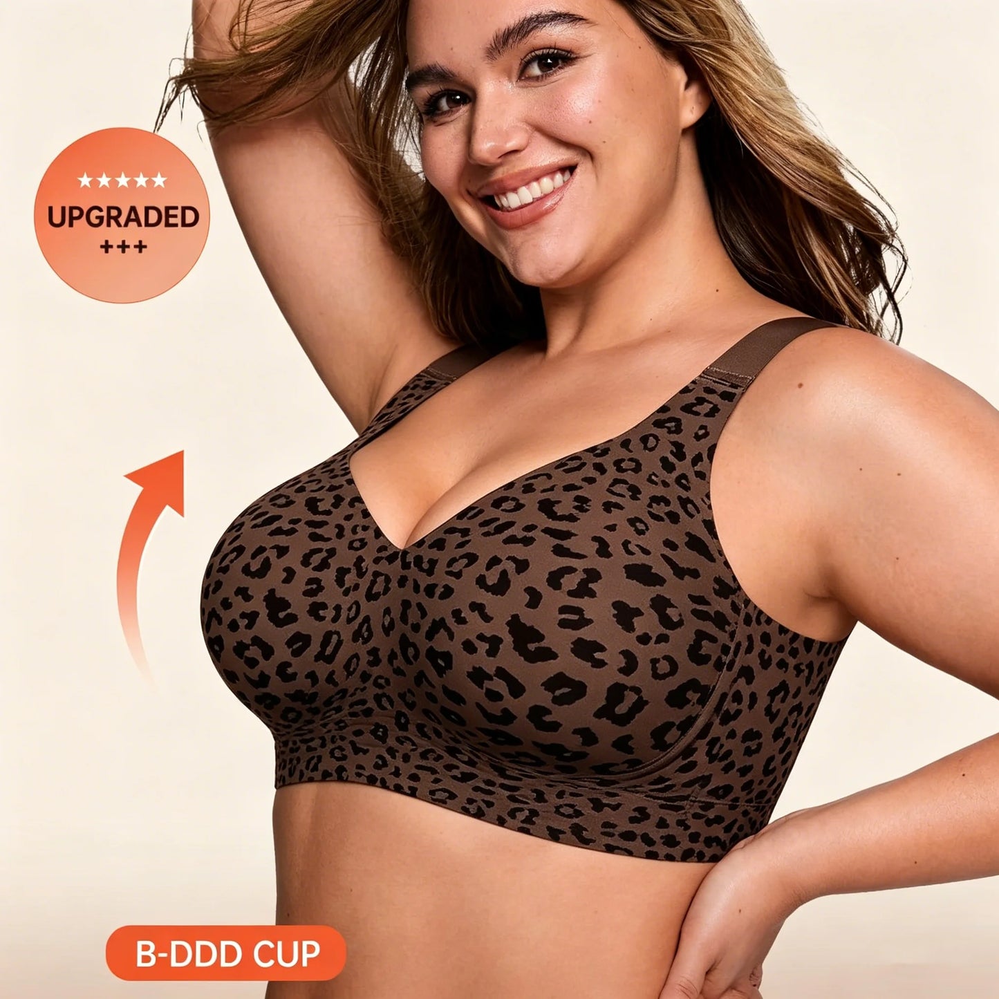 Women's Plus Size Seamless Jelly Soft Support Bra Leopard Print Wire-Free Full Cup Thin Bra Breathable Push Up Bra Large Bust