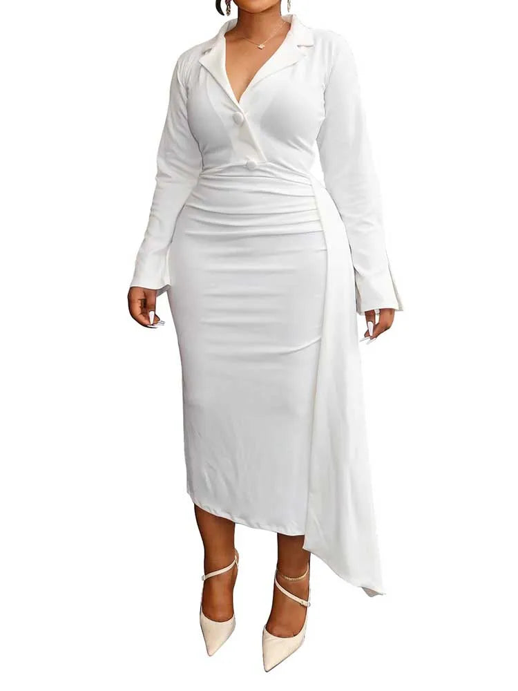Plus Size Chubby Dress Curvy Women Solid Color Luxurious Slimming Evening Dresses V Neck Blazer Collar Long Sleeve Elegant Dress
