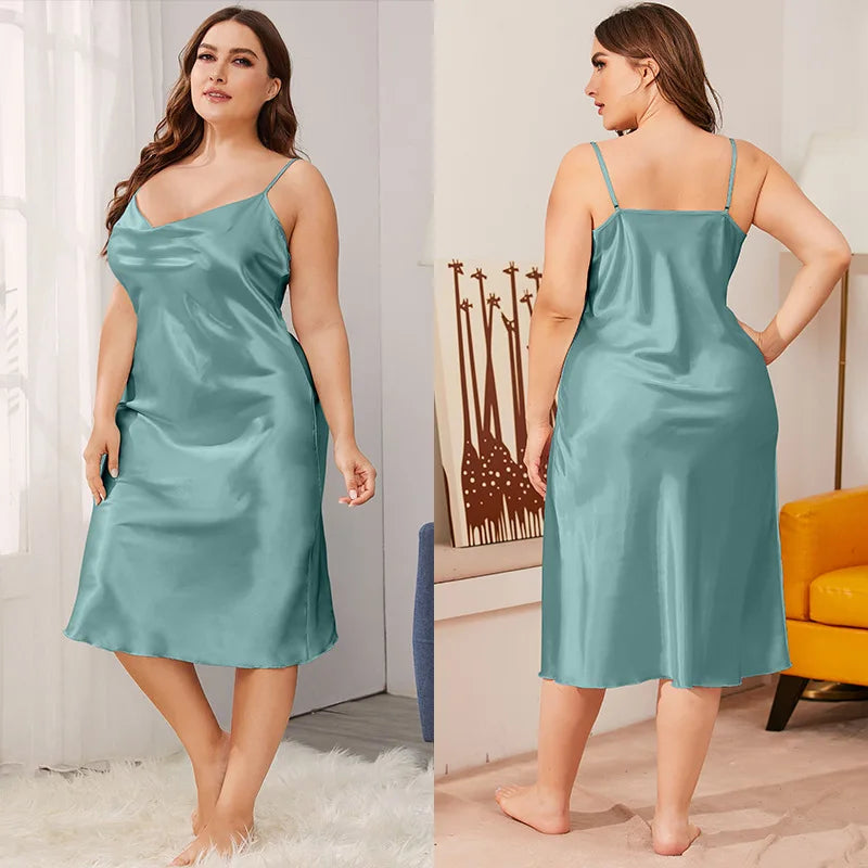 Plus Size 3XL 4XL 5XL Women's Nightgown Chemise Sleepwear Sexy Suspender Lace V-Neck Nightdress Loose Satin Homewear