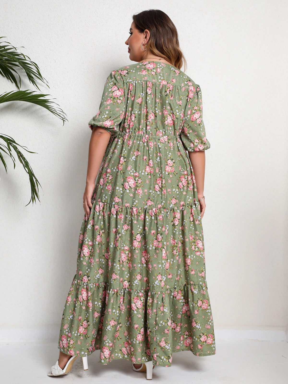 Plus Size Bohemian Summer Beach Casual Floral Print Half Sleeve Split Hem Maxi V Neck Long Dresses For Women