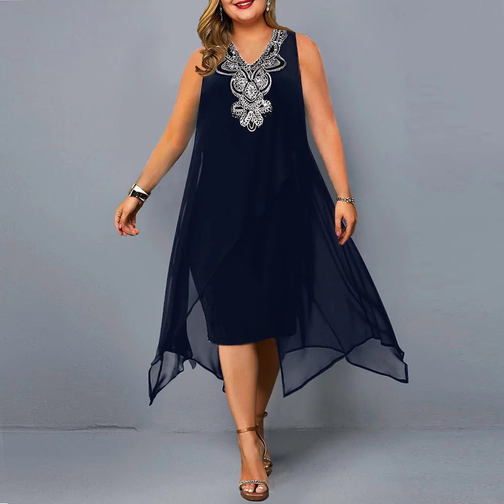 Plus Size Dress for Women Elegant Mesh Irregular Slim Long Dress 2025 Summer Casual Sleeveless Evening Party Dress 2XL 3XL 4XL
