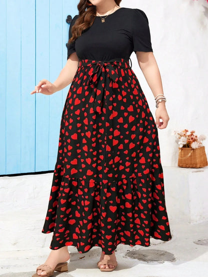 Plus Size Summer Round Neck Dress with Puff Sleeves, Short Sleeves, Ruffled Hem, Slim Waist and Medium-Length Fashionable Dress