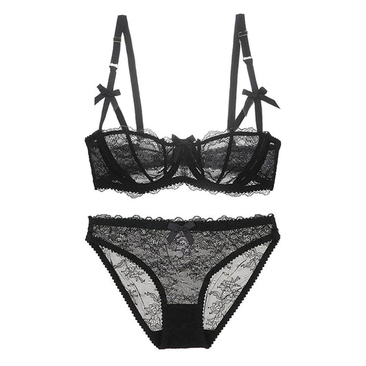 Varsbaby Sexy Lace Bra Underwear Set 2pcs Half Cup Bra Breathable See-through Briefs Sexy Lingerie plus size bra set