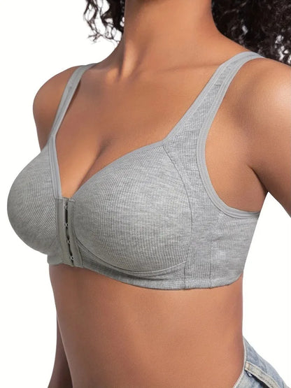 Women's Bra Wire-Free Front Closure Solid Color Full Coverage Fixed Cups Women Seamless Large Size Comfort Underwear