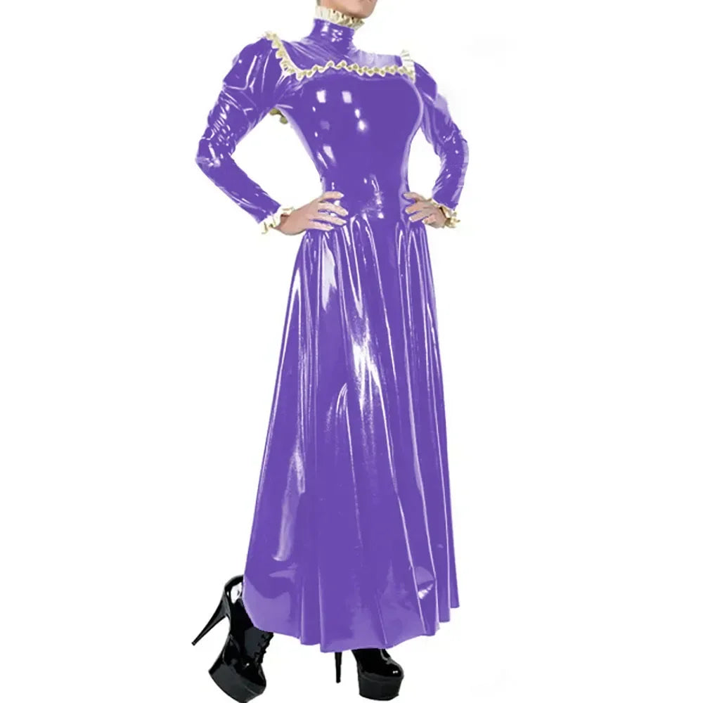 Plus Size Ladies Elegant Long Dress High Neck Ruched Trims Long Sleeved Vestidos Bodycon Back Zip Wetlook PVC Leather Ball Gowns